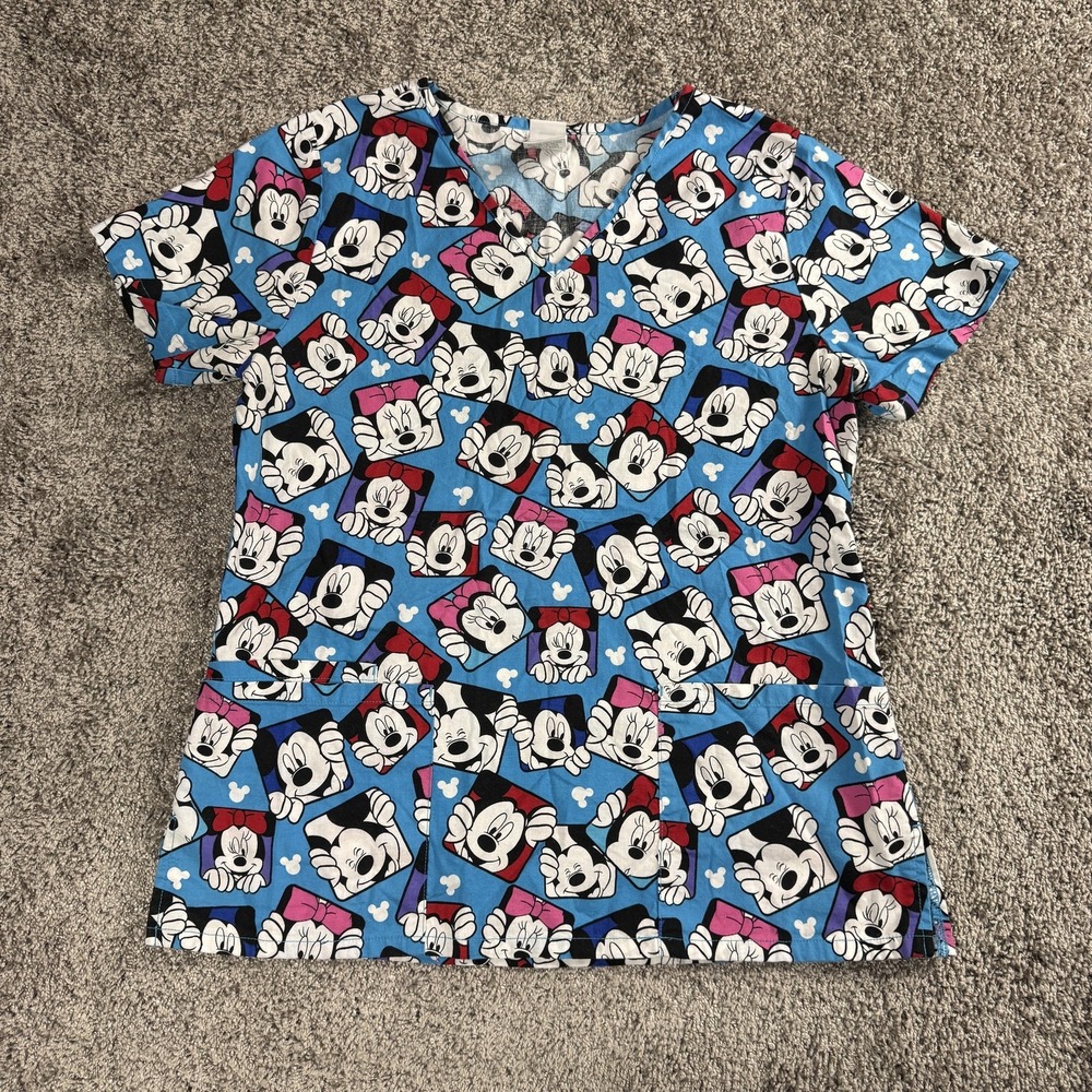 Disney Womens Scrub Top Small‎ Blue Minnie Mouse Cotton Cartoon Print Nurse